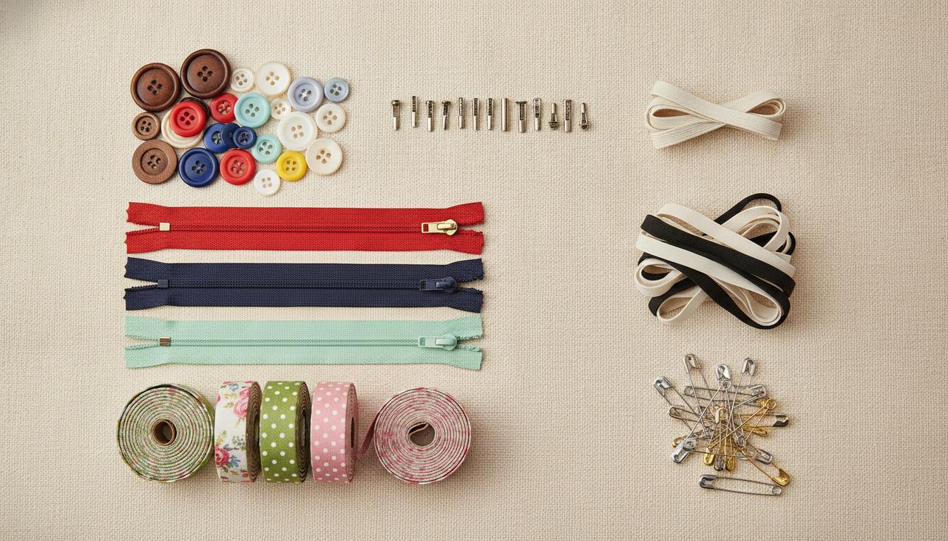 Sewing notions including buttons and zippers