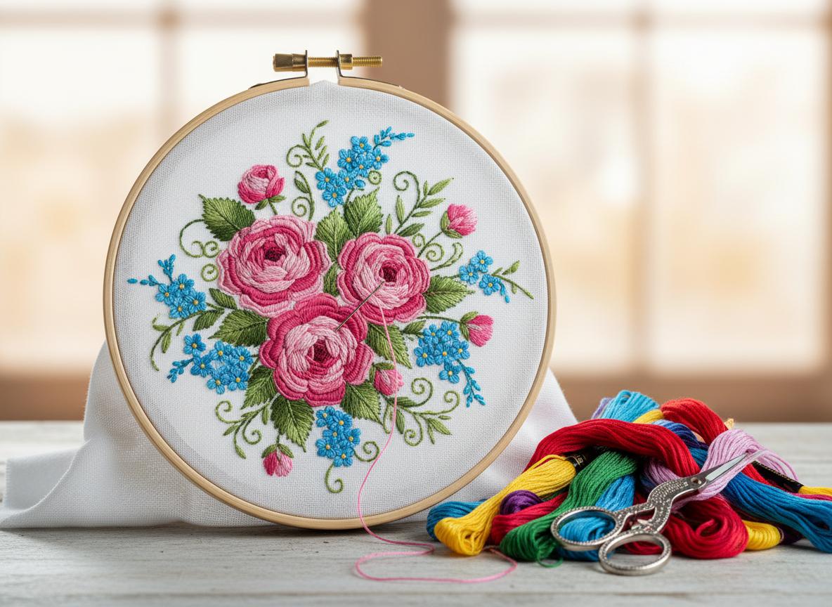 Beautiful embroidery hoop with colorful stitching