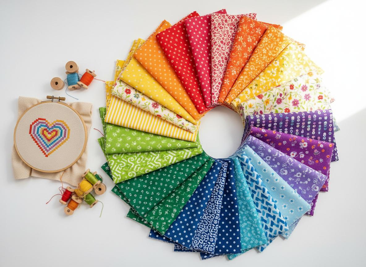 Colorful fabric fat quarters and embroidery supplies